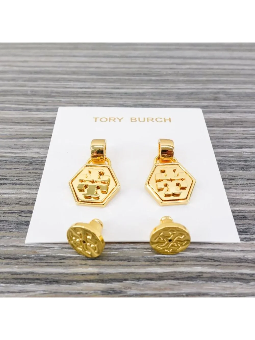 Tory Burch Mother of Pearl Geo Drop Earrings Gold OS